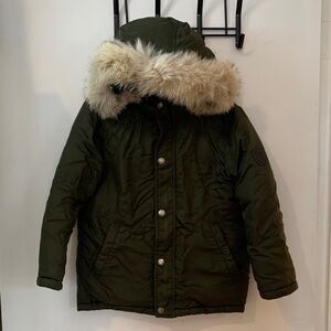 Bonpoint Dark Green Hooded Puffer with Fur Trim